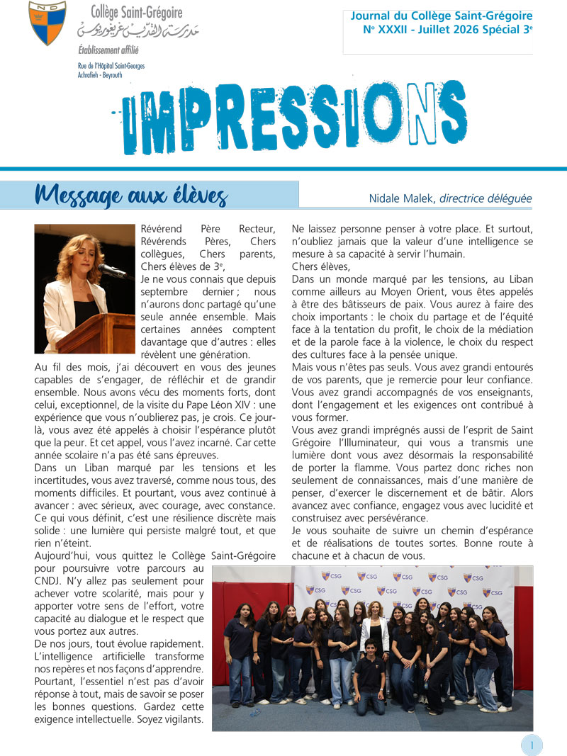 Impressions : Journal du Collège Saint-Grégoire - Spécial 3e, n°32 (juillet 2026)